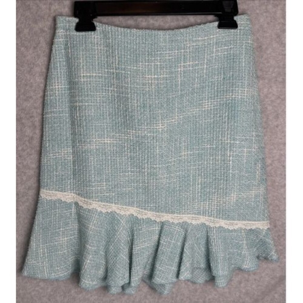 Vintage Teal Blue White Tweed Blazer Ribbon Skirt Set Girls Sz 16 Lace Bow - Picture 8 of 8
